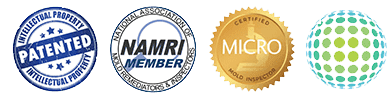 four badges showing patented protocol, NAMRI certification for mold remediators and inspectors, Micro certification for mold inspector, and IICRC certification for mold remediation
