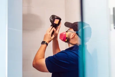 man using a digital thermography device during an in-depth moisture testing